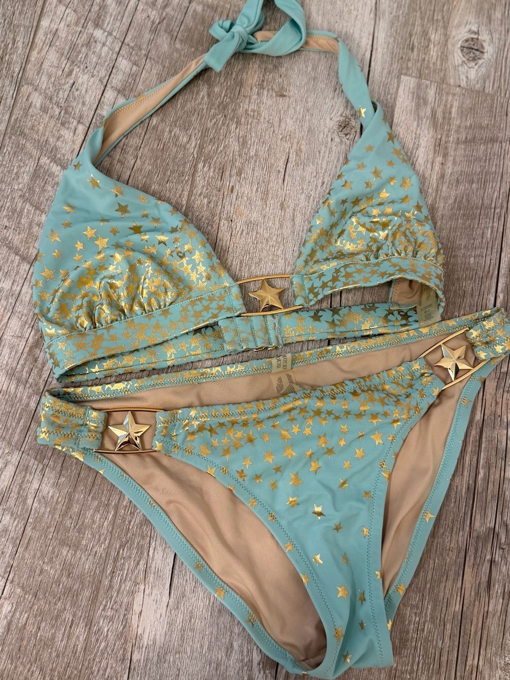Victorias Secret vintage y2k Star-Print Two-Piece Swimsuit with Gold Hardware